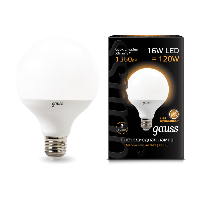 Лампа Gauss LED G95 E27 16W 3000K 1 32 105102116