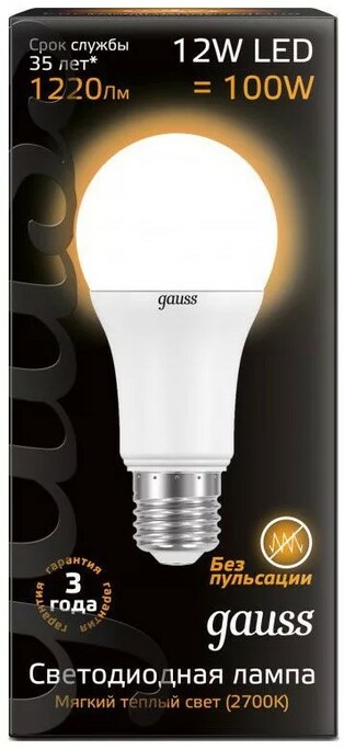 Лампа Gauss LED A60 12W E27 1150lm 3000K 1 10 50 102502112