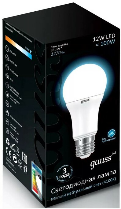 Лампа Gauss LED A60 12W E27 1200lm 4100K 1 10 50 102502212