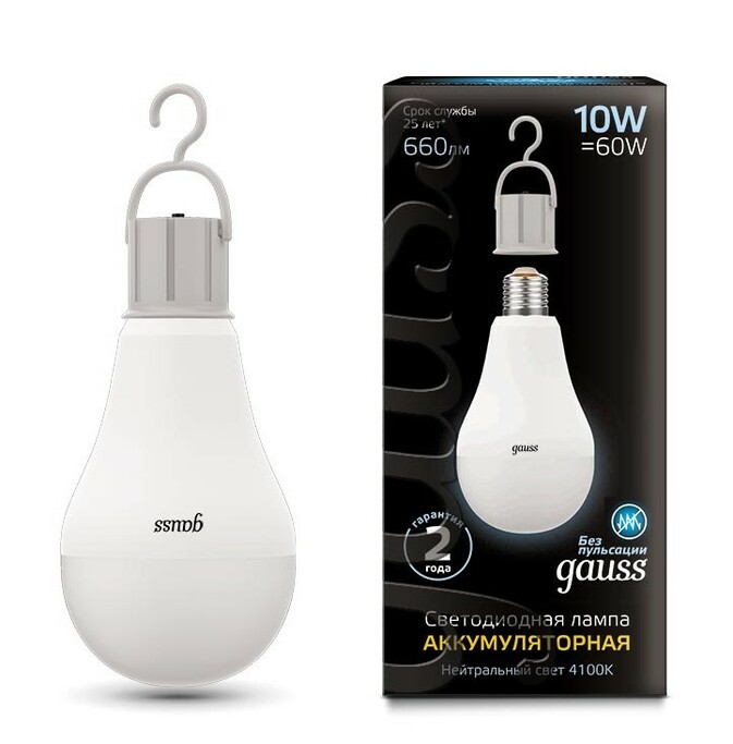 Лампа Gauss LED A60 10W E27 660lm 4100K с Li-Ion аккумулятором 1 10 60 102402200