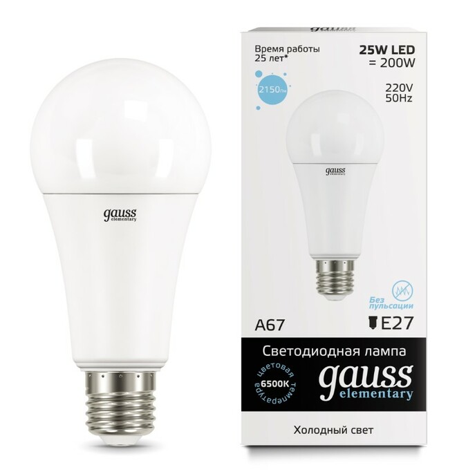 Лампа Gauss LED Elementary A67 25W E27 2150lm 6500K 1 10 50 73235  