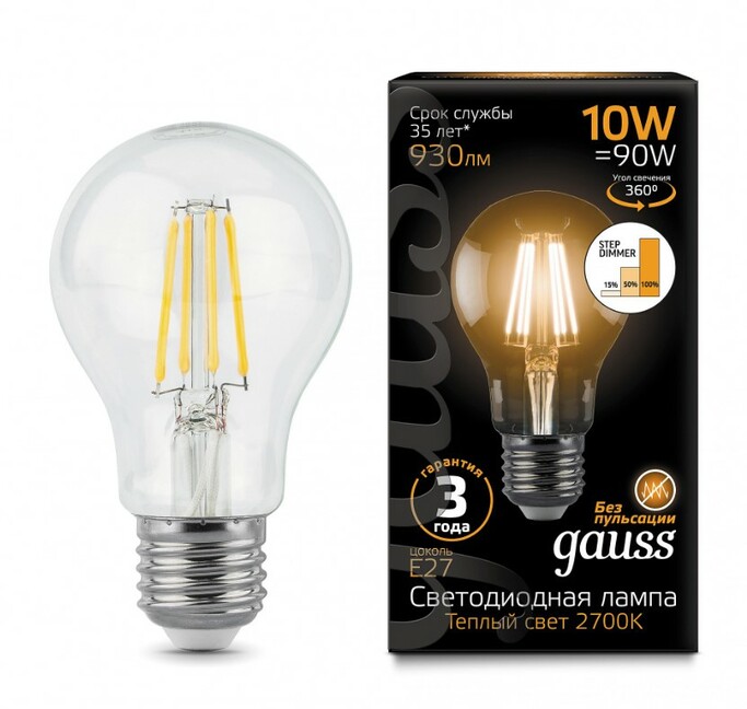 Лампа Gauss LED Filament A60 E27 10W 930lm 2700К step dimmable 1 10 40 102802110-S