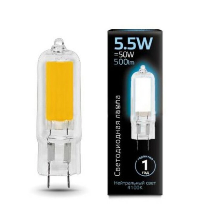 Лампа Gauss LED G4 AC220-240V 5.5W 500lm 4100K Glass 1 10 200 107807205