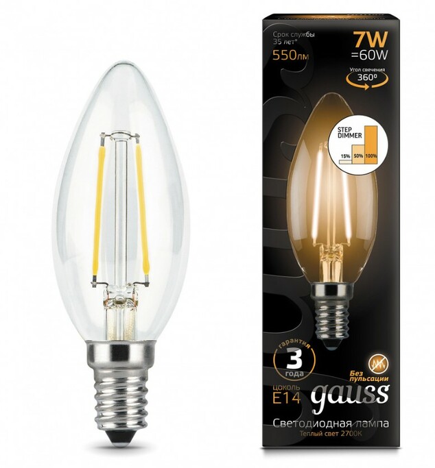 Лампа Gauss LED Filament Свеча E14 7W 550lm 2700К step dimmable 1 10 50 103801107-S