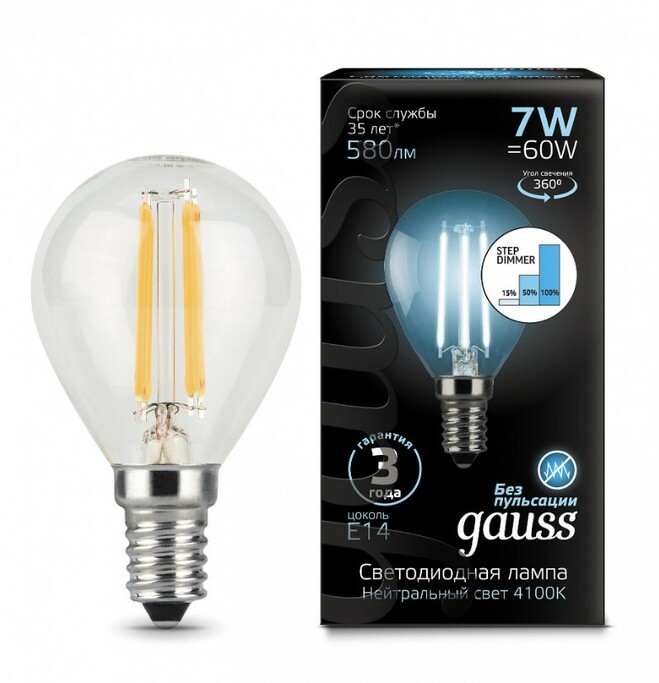Лампа Gauss LED Filament Шар E14 7W 580lm 4100K step dimmable 1 10 50 105801207-S