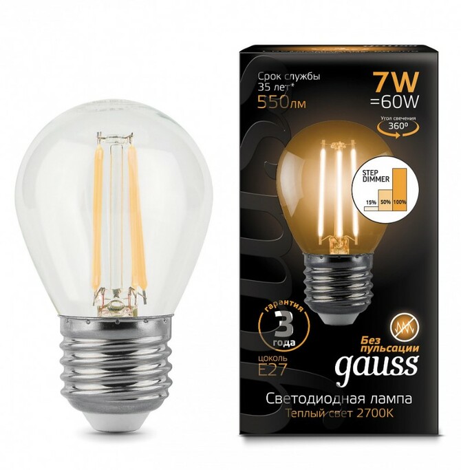 Лампа Gauss LED Filament Шар E27 7W 550lm 2700K step dimmable 1 10 50 105802107-S