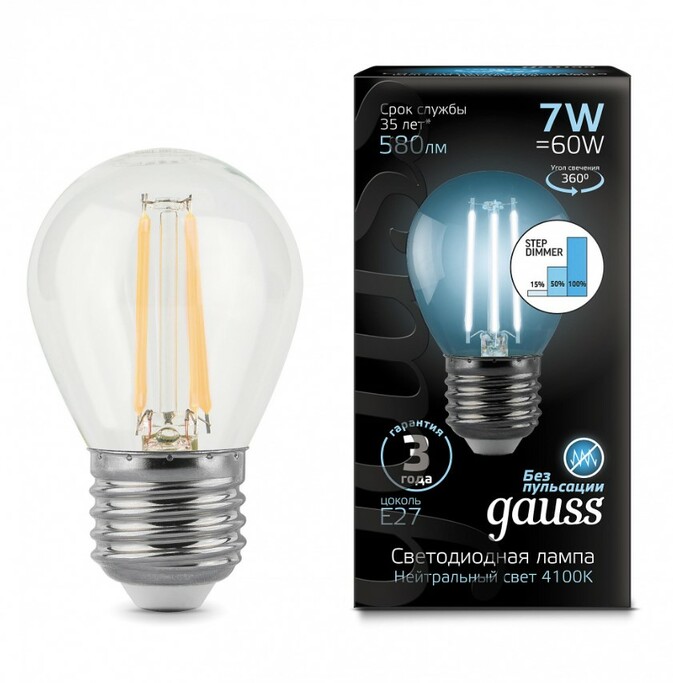Лампа Gauss LED Filament Шар E27 7W 580lm 4100K step dimmable 1 10 50 105802207-S