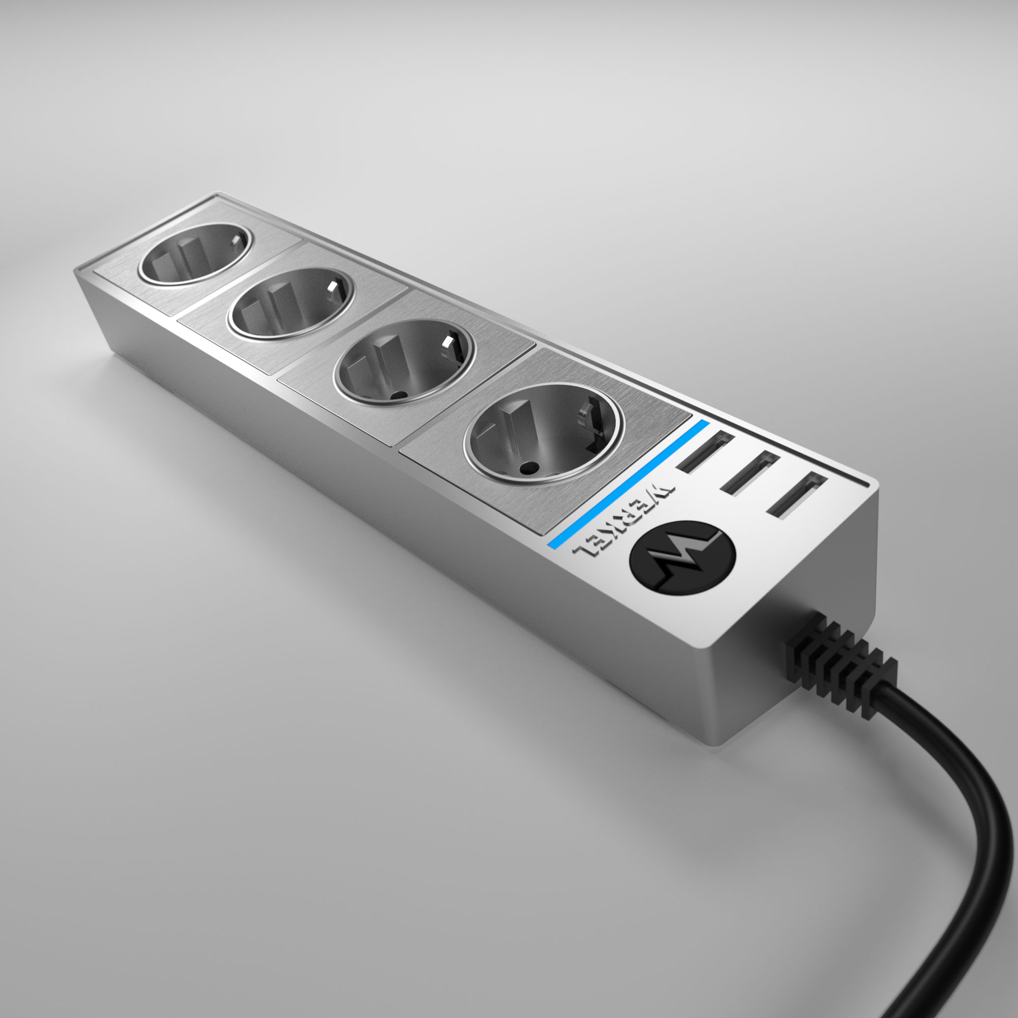 Werkel WL20-04-03   Розеточный блок 4-х местный + 3 USB серебряный серебряный рифленый