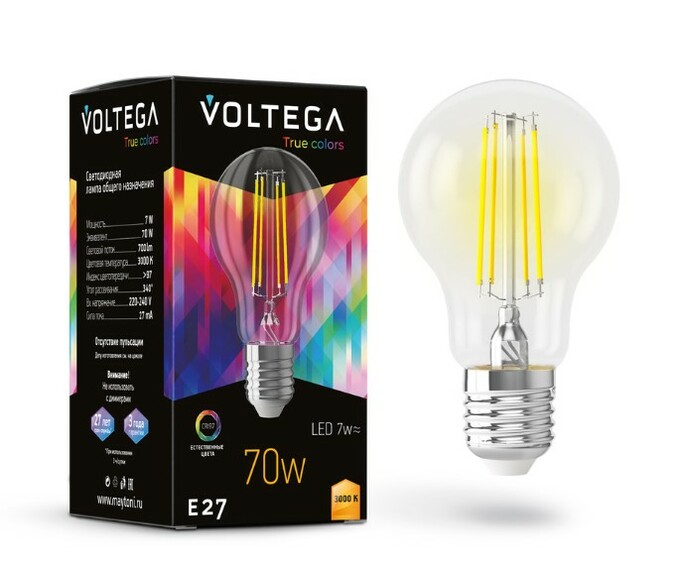 VOLTEGA Светодиодная лампа Crystal A60 7W 3000K E27 CRI97 (7217)