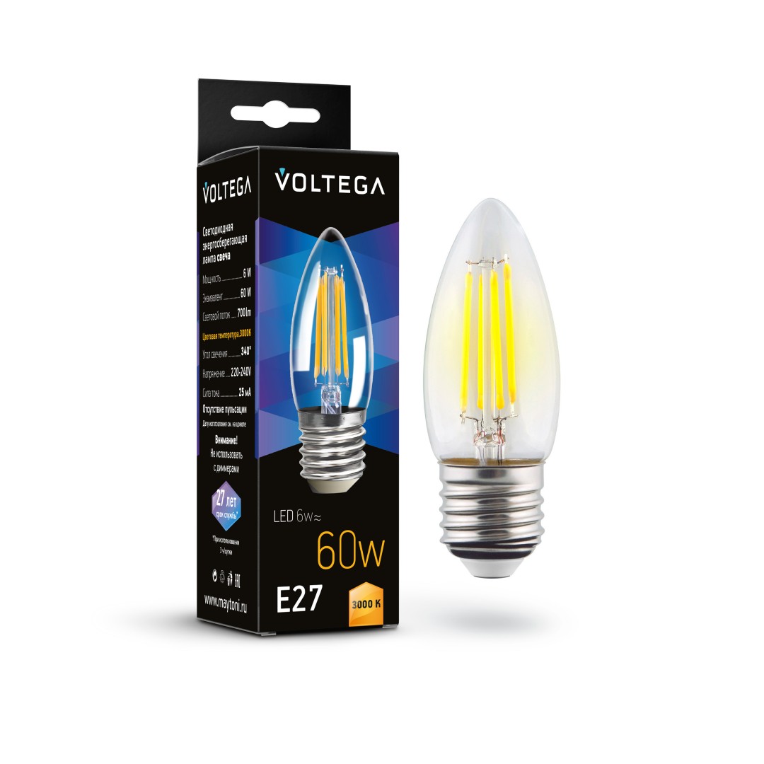 VOLTEGA Светодиодная лампа Crystal Candle 6W 3000K E27 (7208)